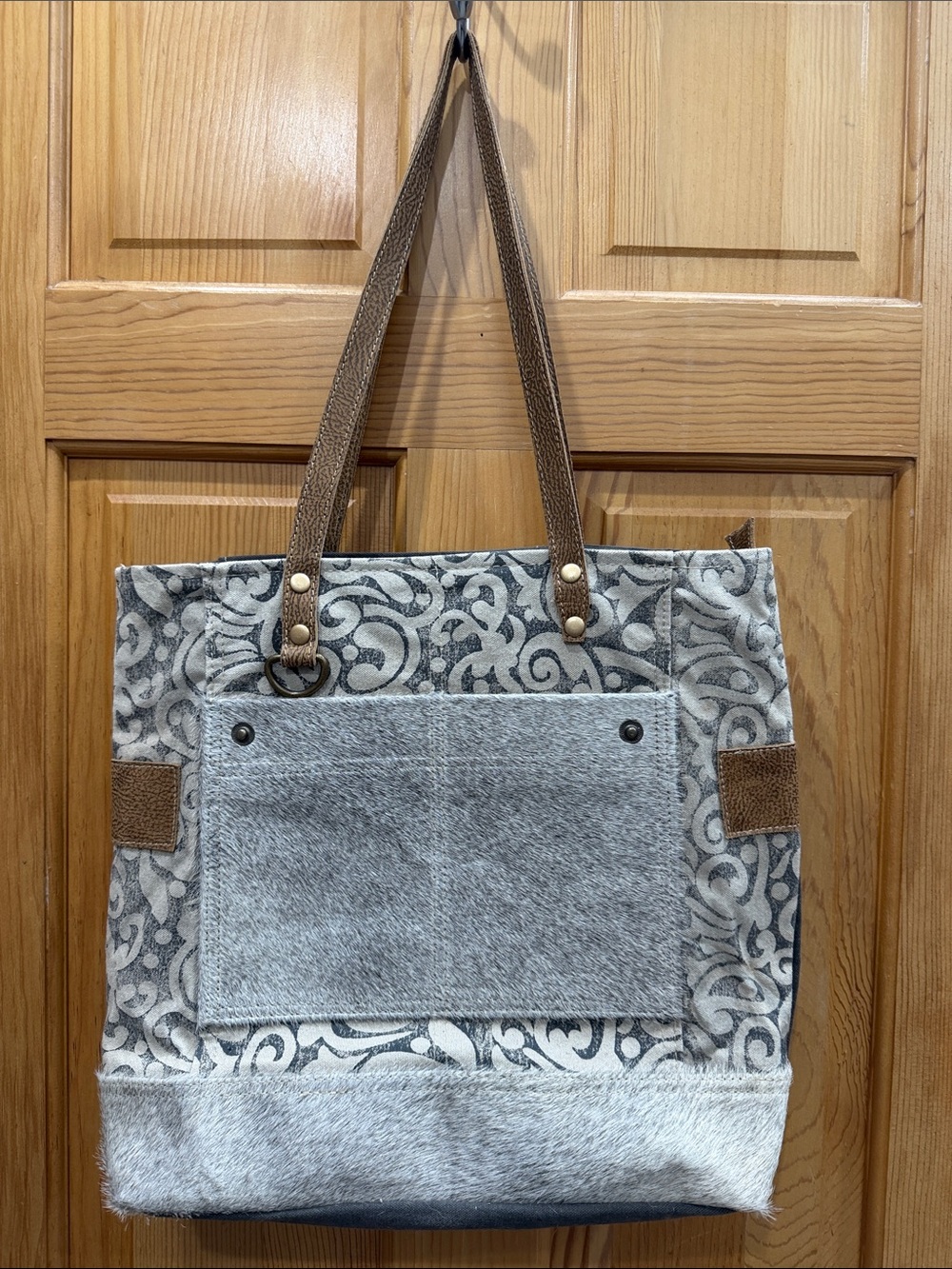 Myra Bag Gray Patterned Tote with Brown Straps